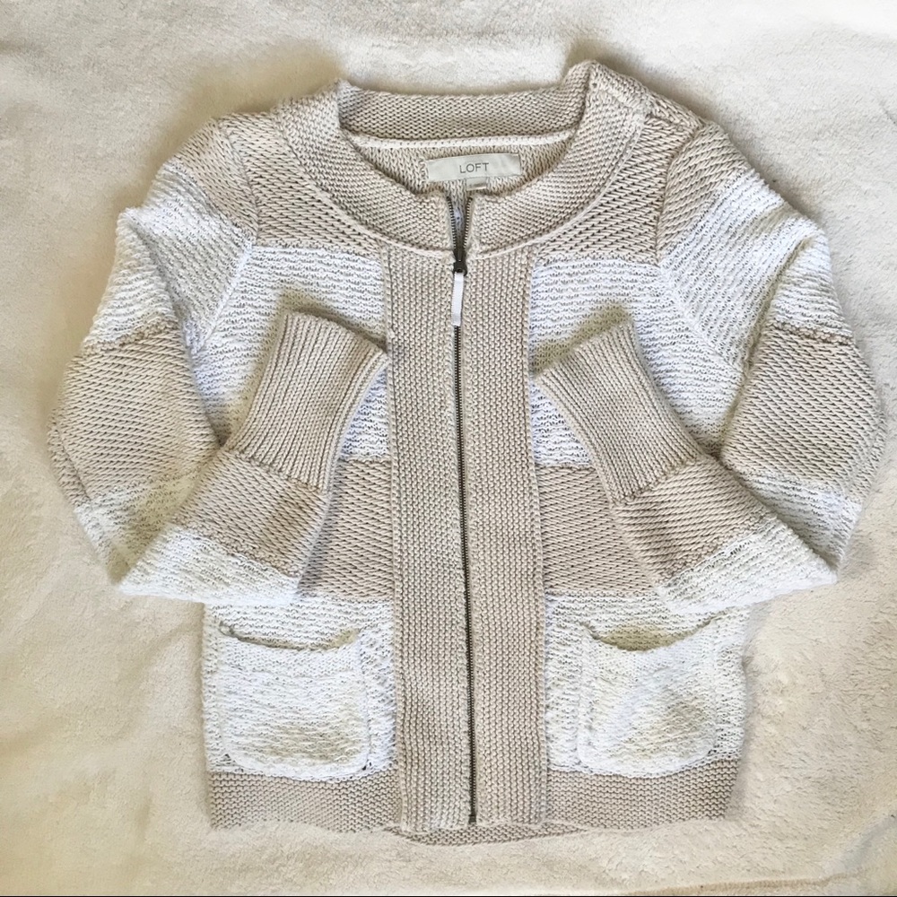 Loft Zip Up Knitted Striped Sweater Front Pockets